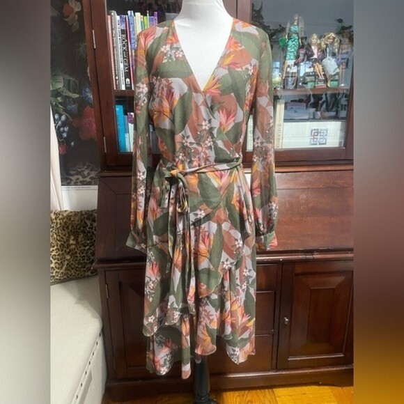 BADGLEY Mischka Multi Floral Ruffle Midi Faux Wrap Dress. - Picture 7 of 15